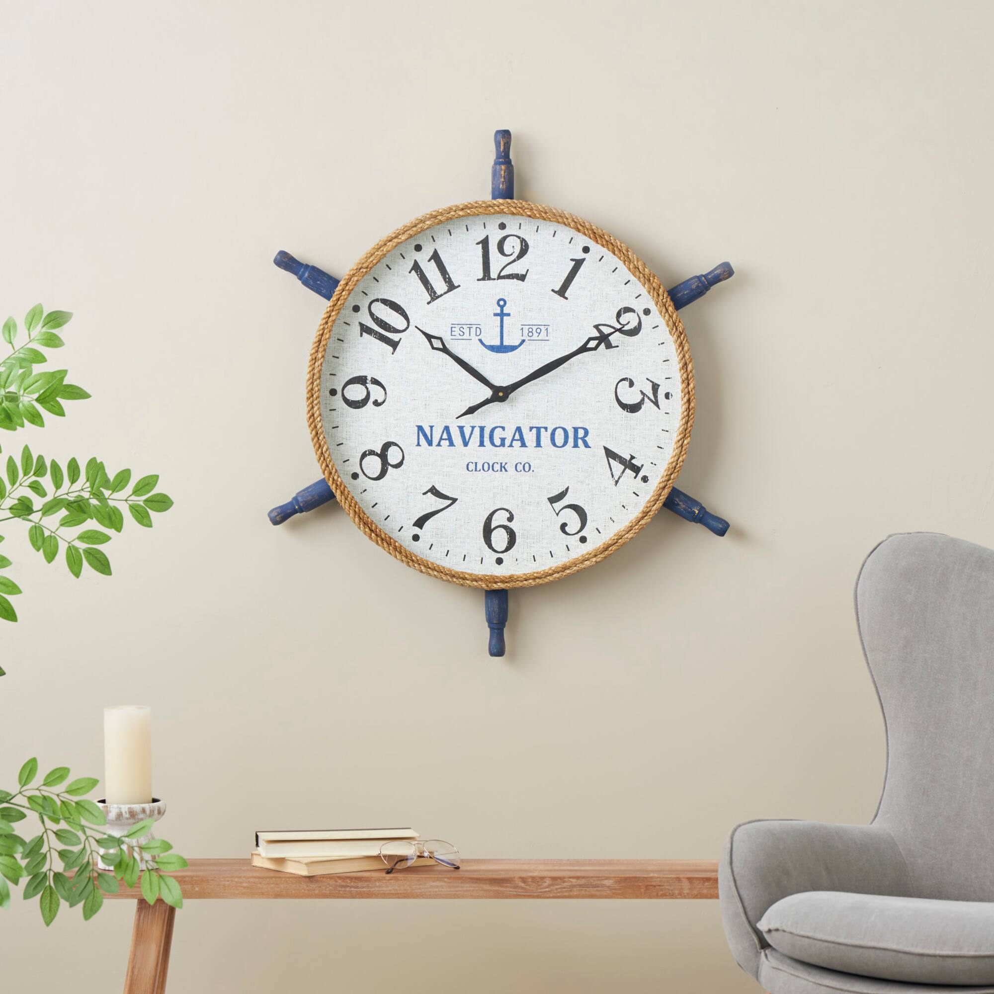 33" White & Blue Wood & Rope Ship Wheel Decorative Wall Clock